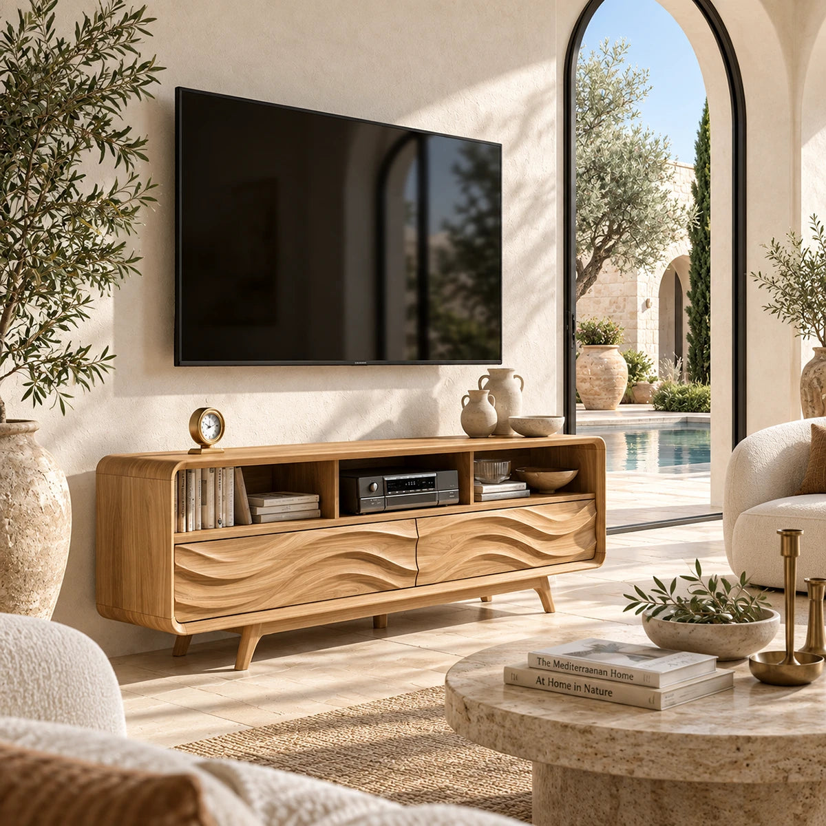 Contemporary media console with relief front panels and practical open storage sections