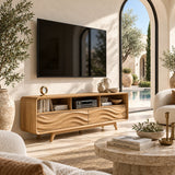 Contemporary media console with relief front panels and practical open storage sections