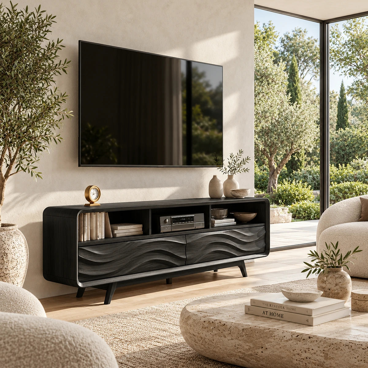 Decorative TV cabinet with sculpted wave fronts and open compartments for electronics
