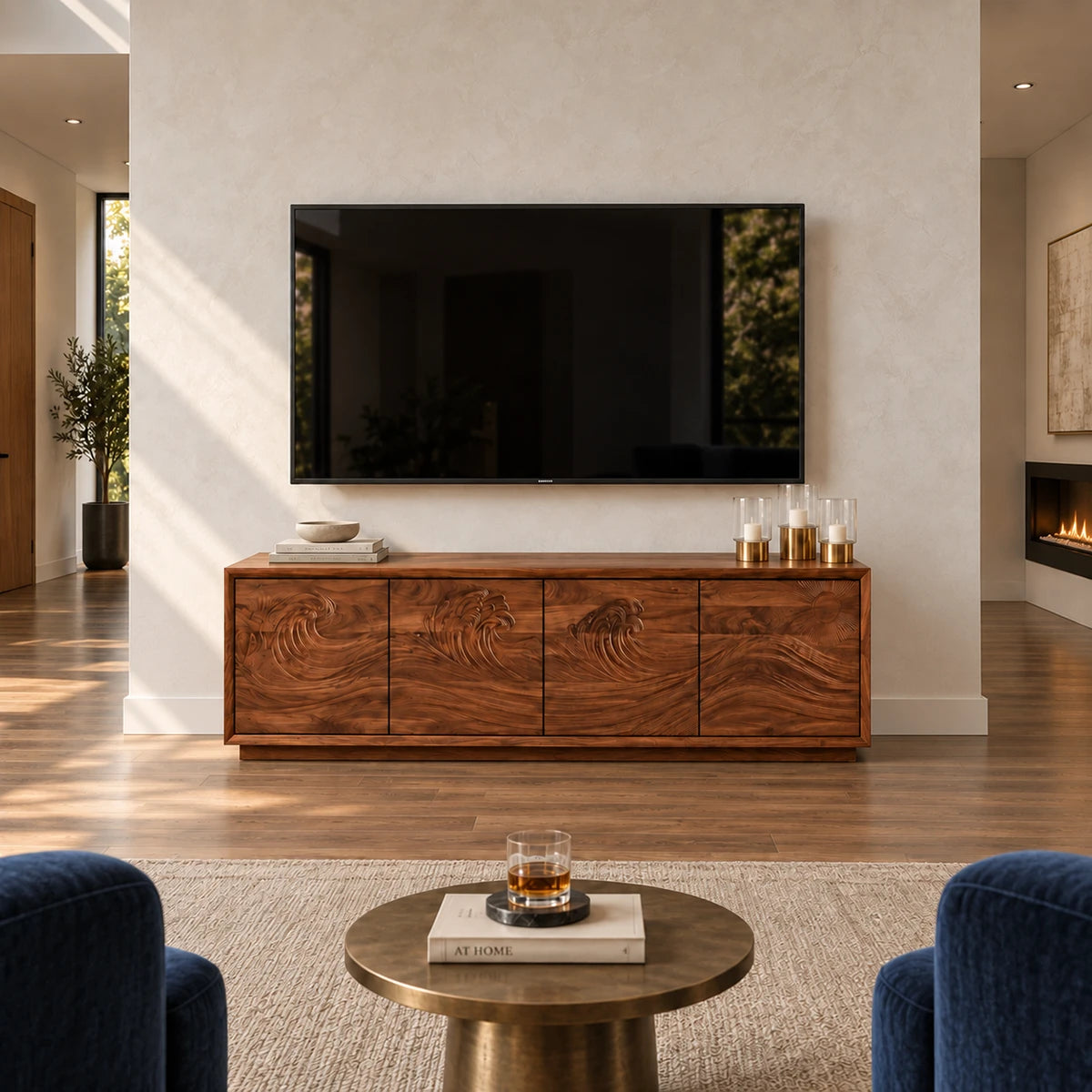 Functional TV stand in solid wood with detailed wave carving and roomy compartments
