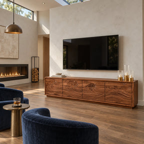 Sculpted solid wood TV stand with wave-front doors and a sleek low-profile form
