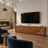 Designer TV console in solid wood with sculpted doors and a modern coastal style
