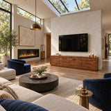 Modern media console in solid wood with carved wave detail and ample storage space
