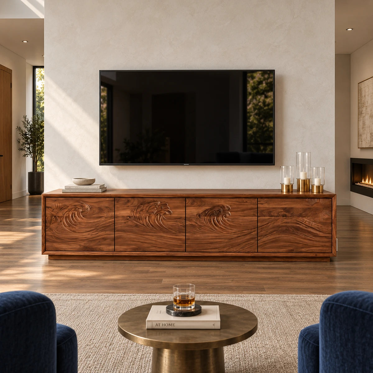 Elegant entertainment center in solid wood with artistic surf motif and clean lines
