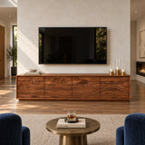 Elegant entertainment center in solid wood with artistic surf motif and clean lines
