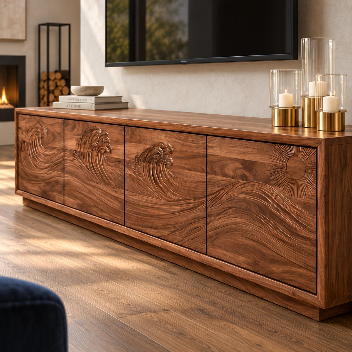 Low-profile TV console in solid wood with ocean-inspired carving and sleek storage
