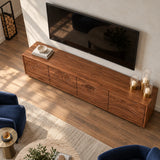 Refined TV stand in solid wood with hand-carved wave fronts and minimalist appeal
