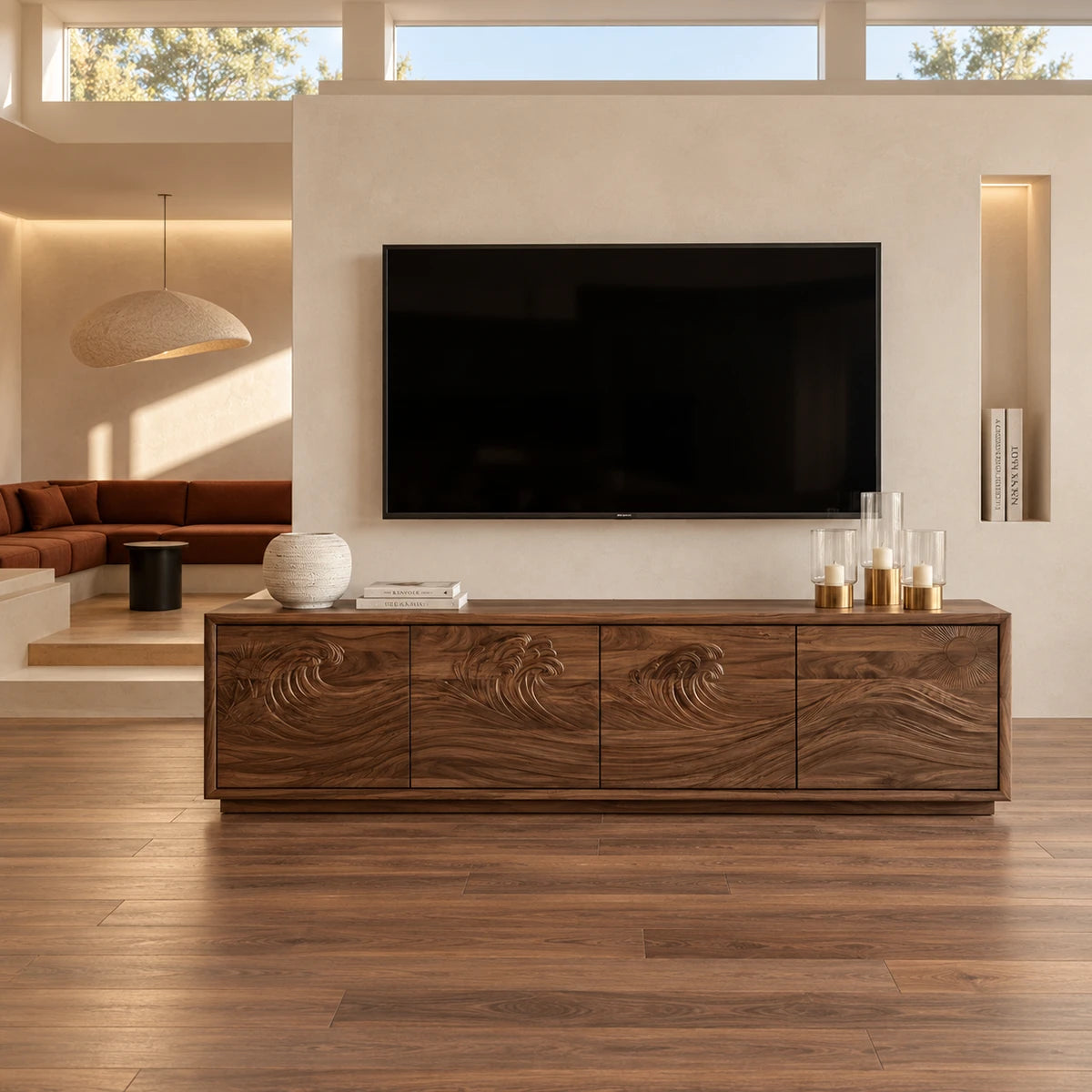 Sleek entertainment console in solid wood with a scenic carved front and low profile
