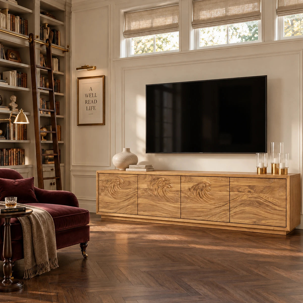 Minimalist TV cabinet in solid wood with flowing wave artwork and hidden storage
