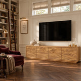 Minimalist TV cabinet in solid wood with flowing wave artwork and hidden storage
