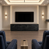 Artistic media unit in solid wood with surf-inspired panels and a streamlined look
