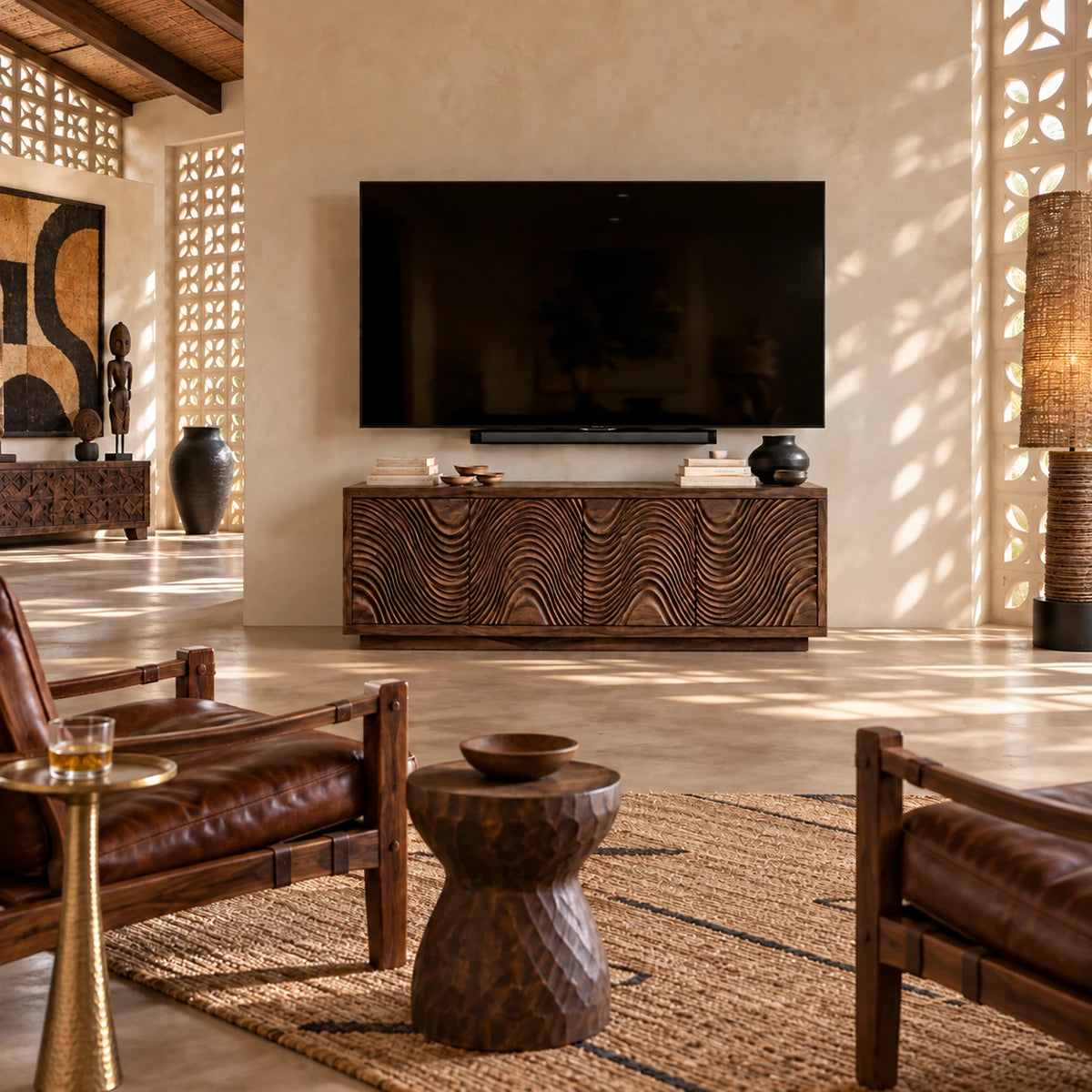 Textured media unit in natural solid wood with four doors and sculpted waves detail