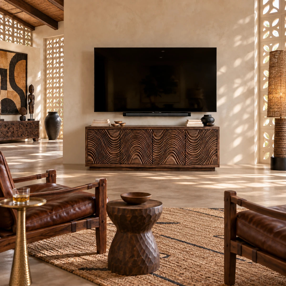 Clean-lined TV cabinet in natural solid wood with bold carved wave door panels style