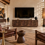 Minimal console for TV in natural solid wood with four doors and wave texture detail