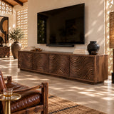 Elegant entertainment center in natural solid wood with four textured doors and storage