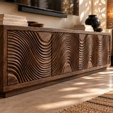 Modern TV console in natural solid wood with rippled doors and low-profile form style
