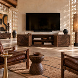 Refined media cabinet in natural solid wood with four doors and carved front detail