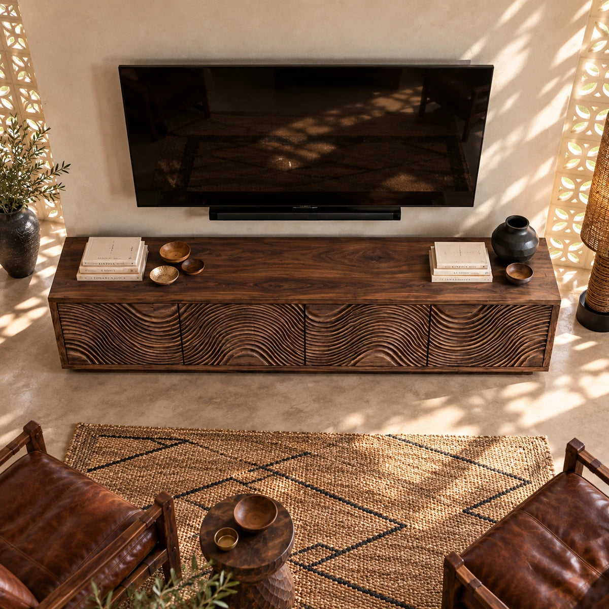 This television stand in natural solid wood features four doors and wave carving