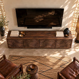 This television stand in natural solid wood features four doors and wave carving
