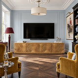 Designed as a TV stand with storage, natural solid wood and four carved door fronts