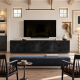 Low TV stand in natural solid wood with four panel doors and sculpted texture detail