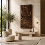 Whale wall art with carved waves creates a striking focal point in a refined interior