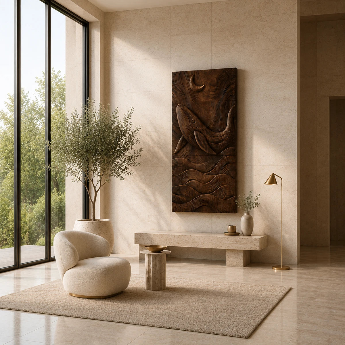 Sculptural wall panel with ocean relief adds depth and movement to a modern living space
