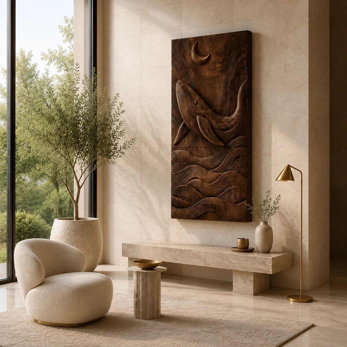 Carved whale wall decor in natural solid wood brings texture to contemporary interiors