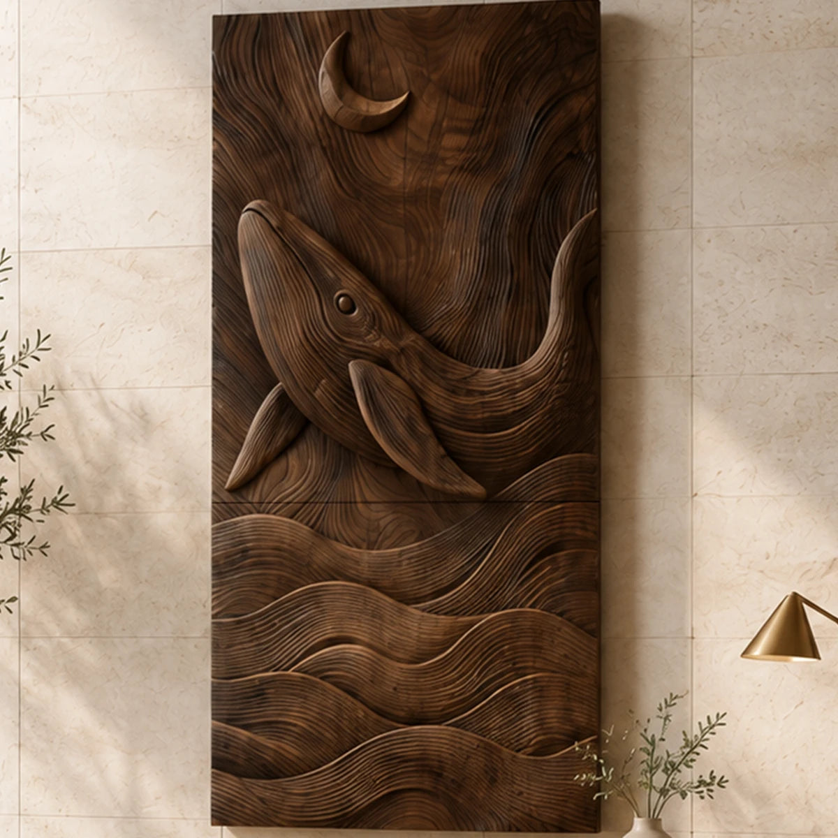 Vertical wall sculpture with whale and wave details adds dimension to a bright room