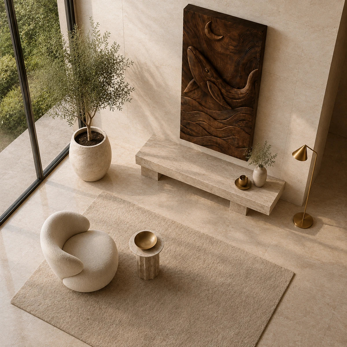 Ocean inspired wall art with sculpted relief creates visual rhythm in a calm interior