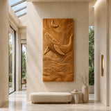 Textured wall art with flowing waves and whale carving enhances a refined home interior