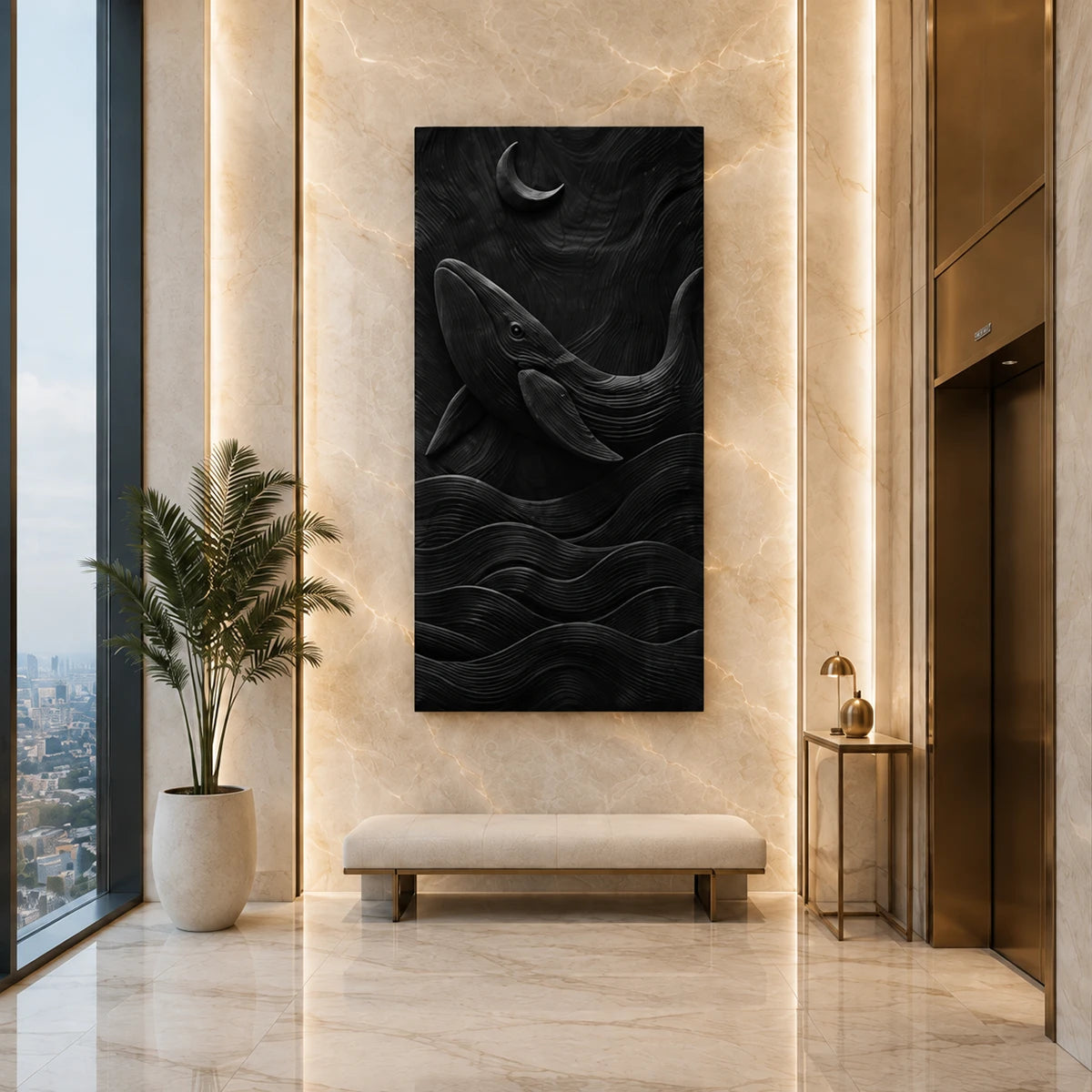 Large vertical wall panel with ocean forms creates a bold centerpiece for open spaces