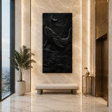 Large vertical wall panel with ocean forms creates a bold centerpiece for open spaces
