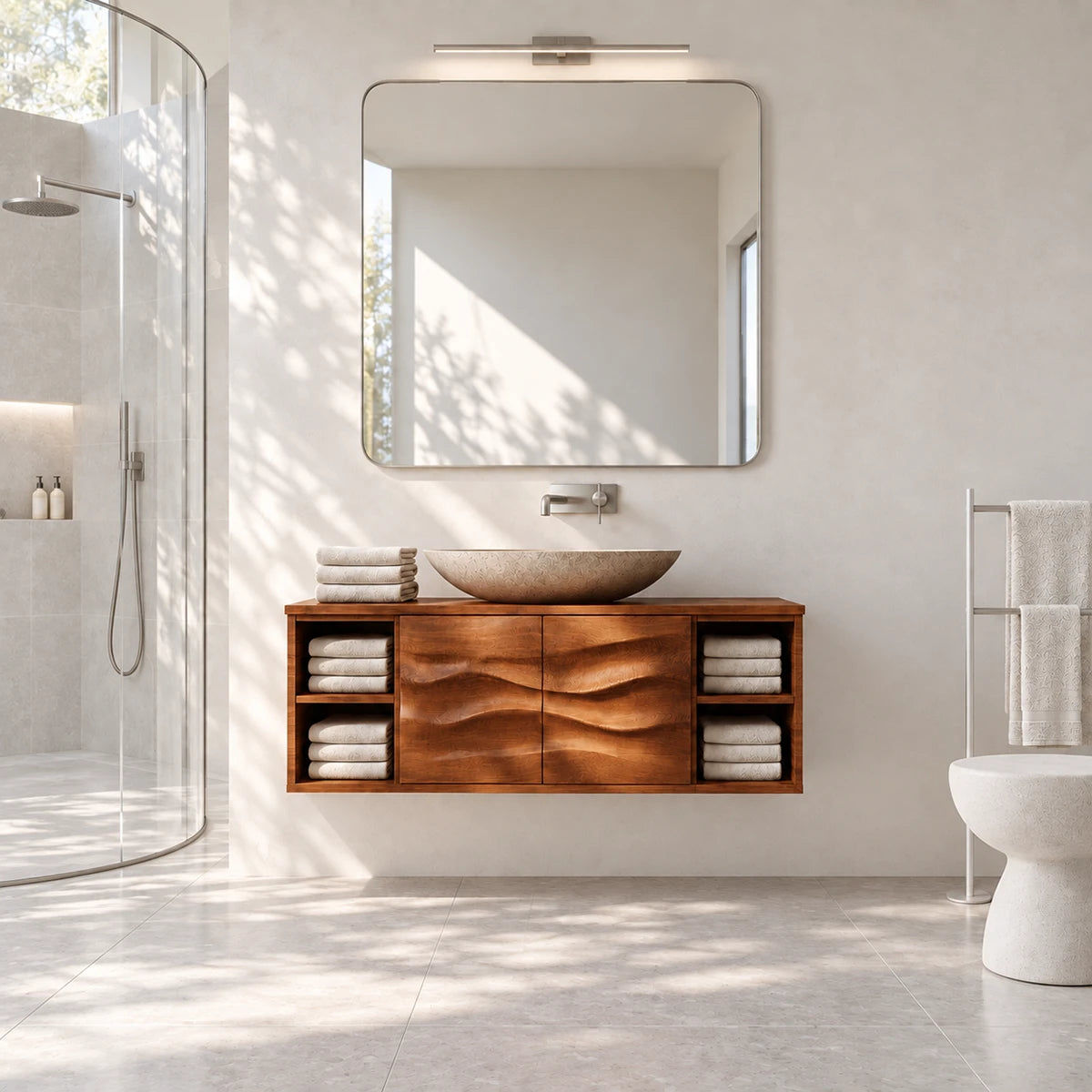 Clean lined bath cabinet in natural solid wood with center doors and vessel basin