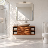 Clean lined bath cabinet in natural solid wood with center doors and vessel basin