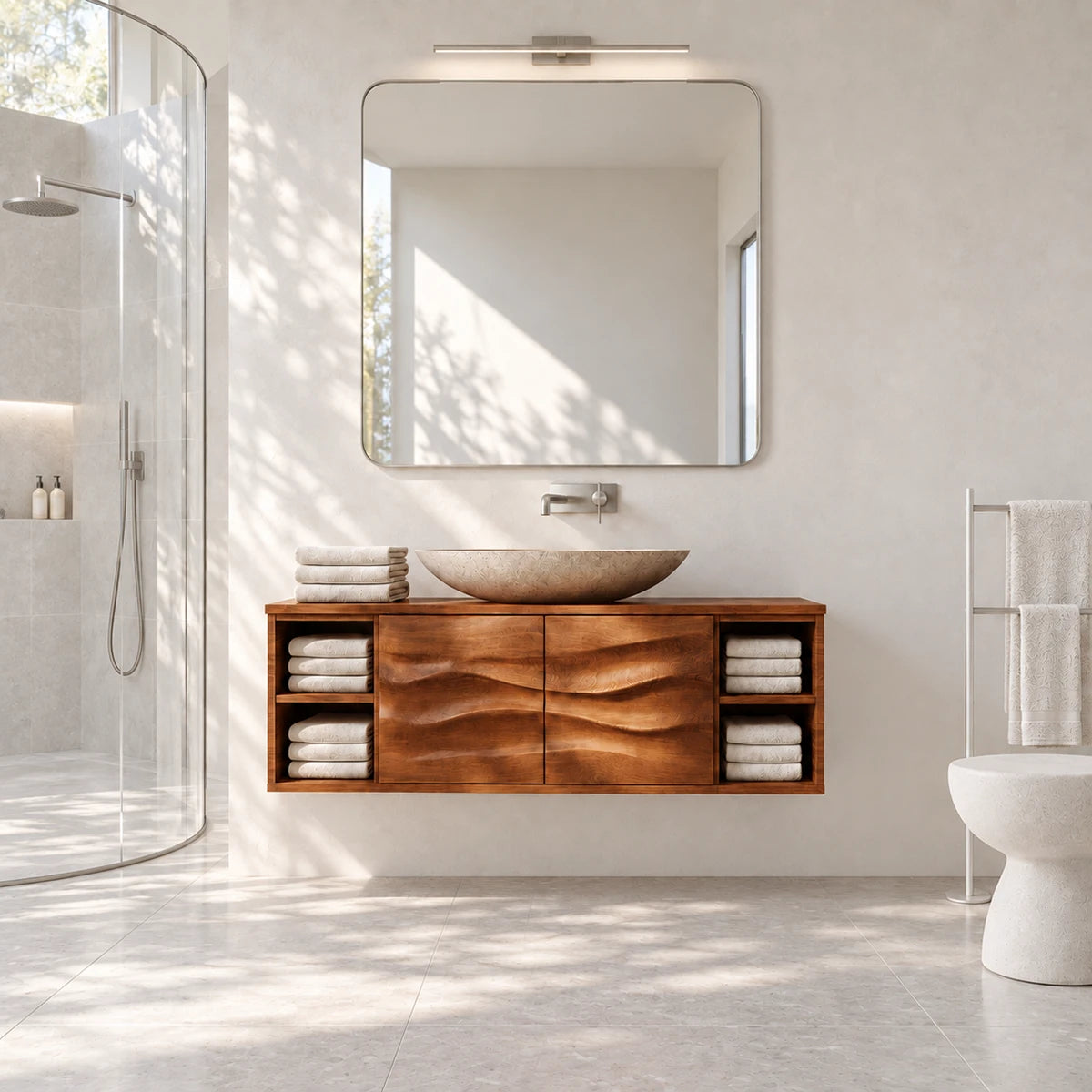 Open shelf bathroom vanity in natural solid wood with two sculpted cabinet doors