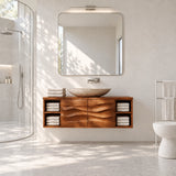 Open shelf bathroom vanity in natural solid wood with two sculpted cabinet doors