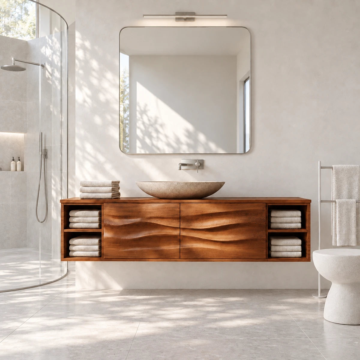 1. Sleek floating vanity in natural solid wood with side shelving and two door storage