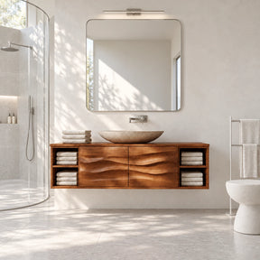 Floating bathroom vanity in natural solid wood with two doors and side towel shelves