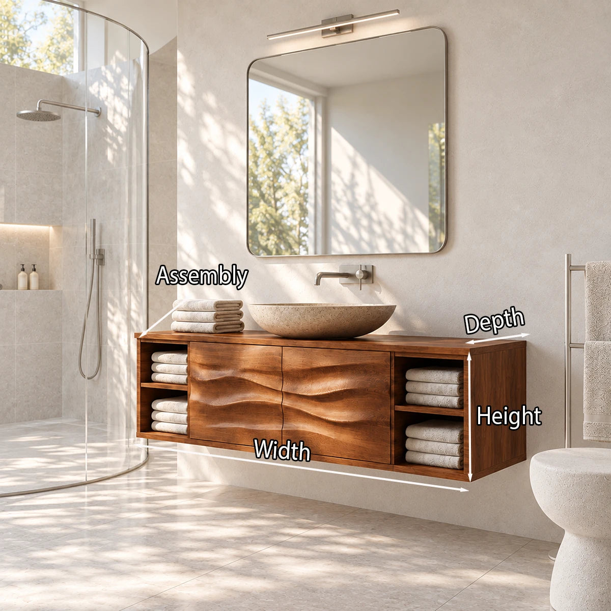 Elegant wall hung vanity in natural solid wood with wave front doors and storage
