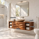Elegant wall hung vanity in natural solid wood with wave front doors and storage