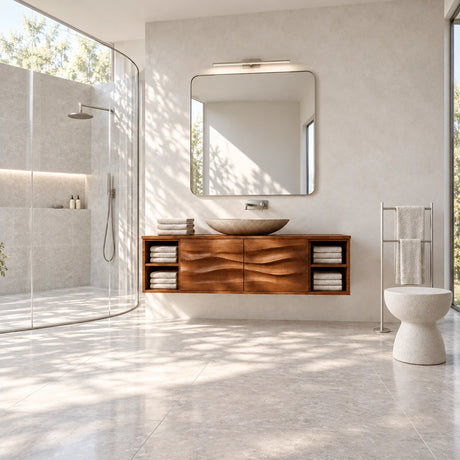 Modern wall mounted vanity in natural solid wood with vessel sink and open sides