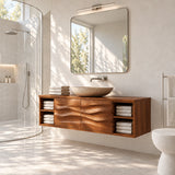 Single sink bathroom vanity in natural solid wood with wave doors and side shelves