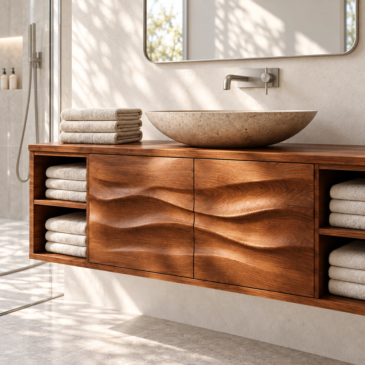 Textured door vanity cabinet in natural solid wood with open cubbies and stone basin