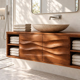 Textured door vanity cabinet in natural solid wood with open cubbies and stone basin
