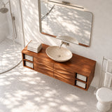 Contemporary bath vanity in natural solid wood with two door storage and shelves