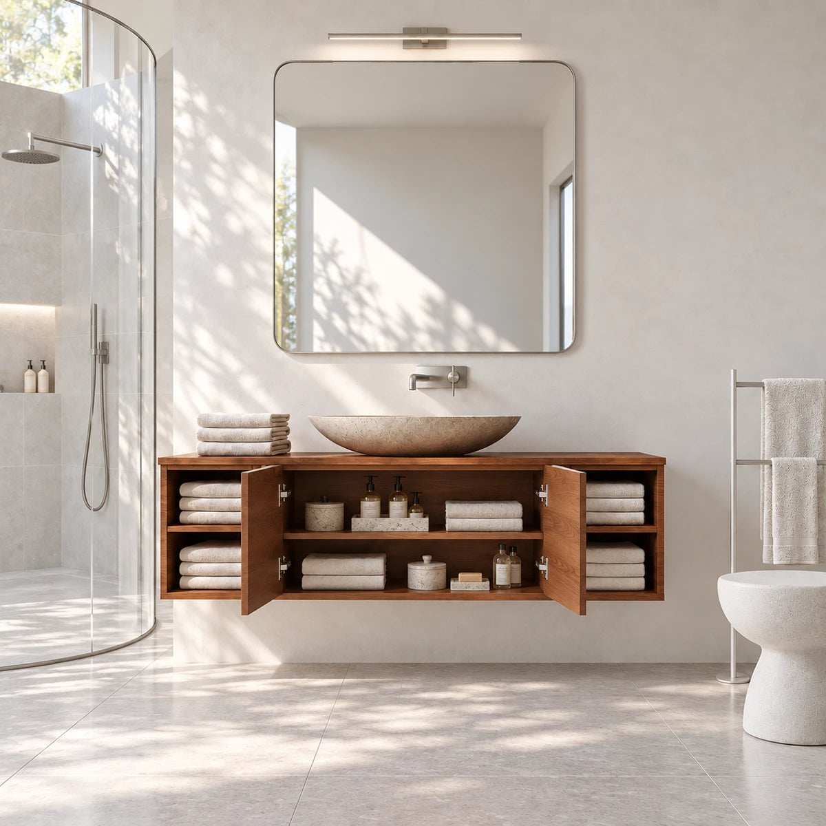 Minimalist bathroom vanity in natural solid wood with center doors and side cubbies