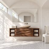 Designer vanity unit in natural solid wood with sculpted doors and open side shelves
