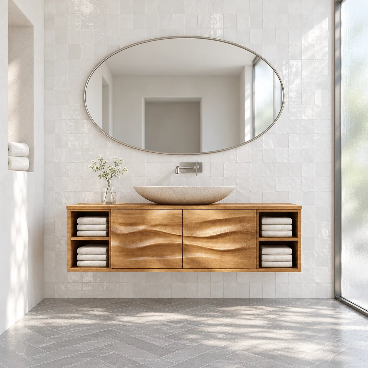 Space saving vanity cabinet in natural solid wood with open shelves and vessel sink