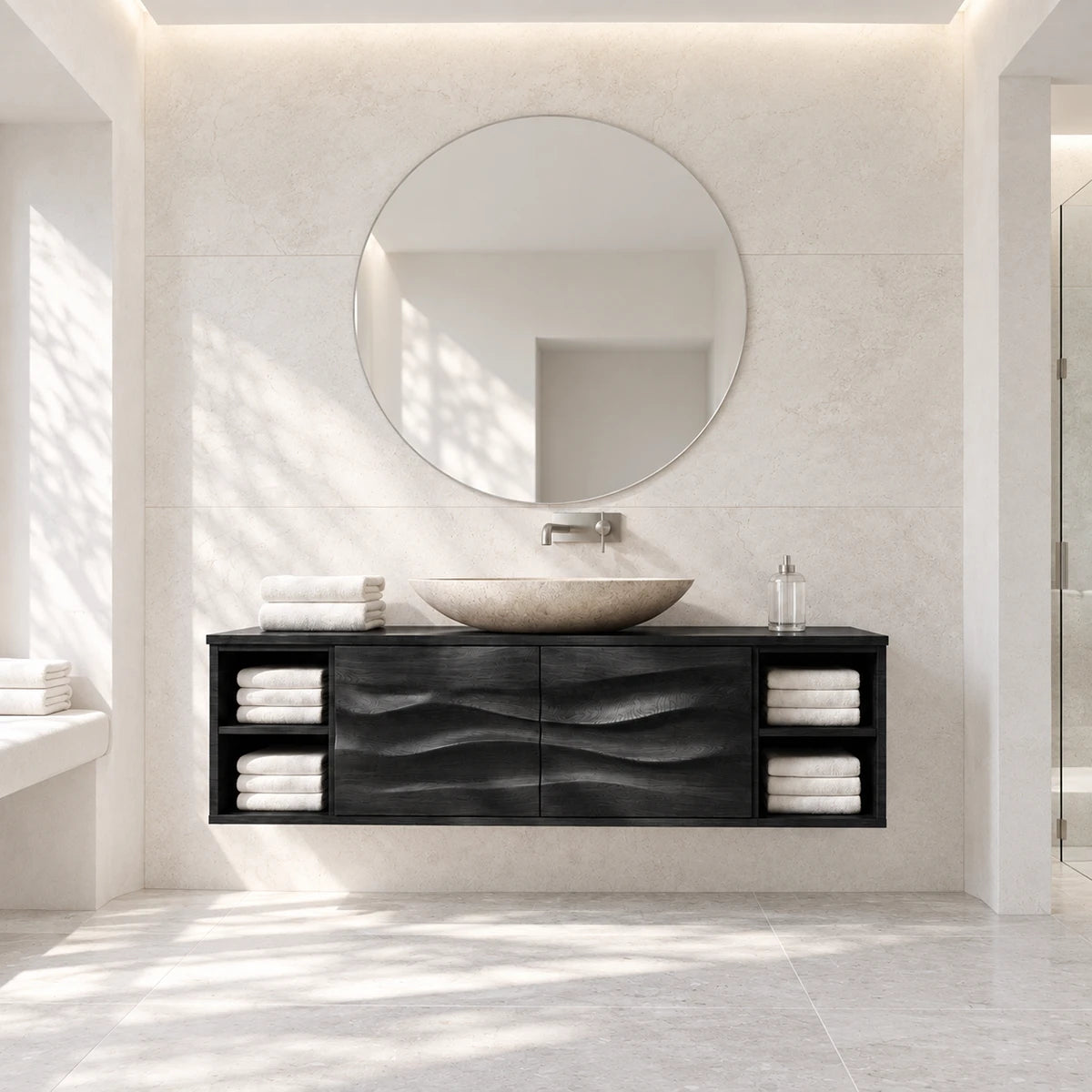 Refined bathroom vanity in natural solid wood with two doors and side towel cubbies